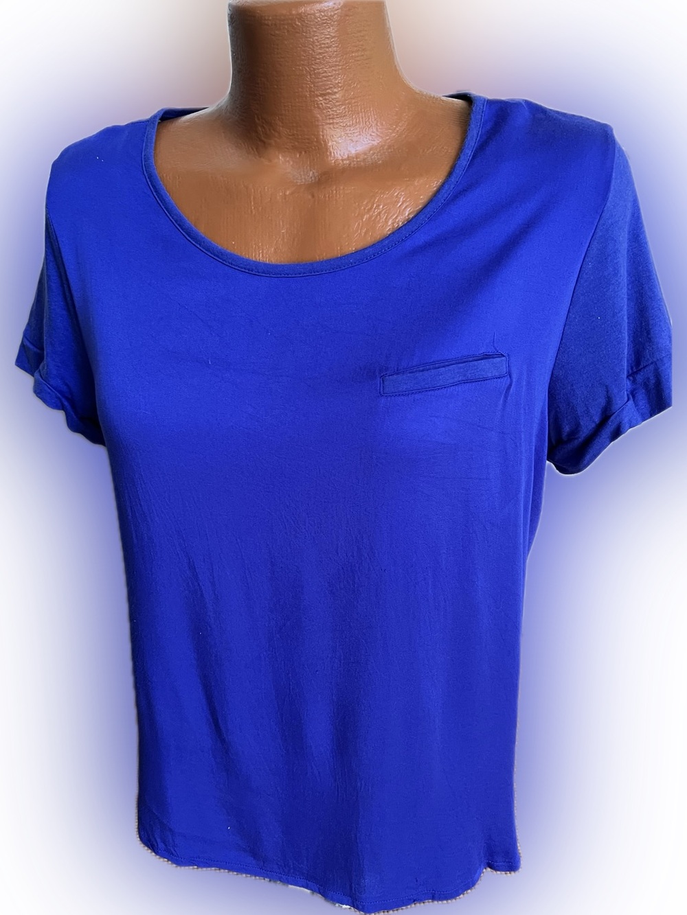 Chico’s knit and woven short sleeved deep purple tee top 2 /L breast pocket